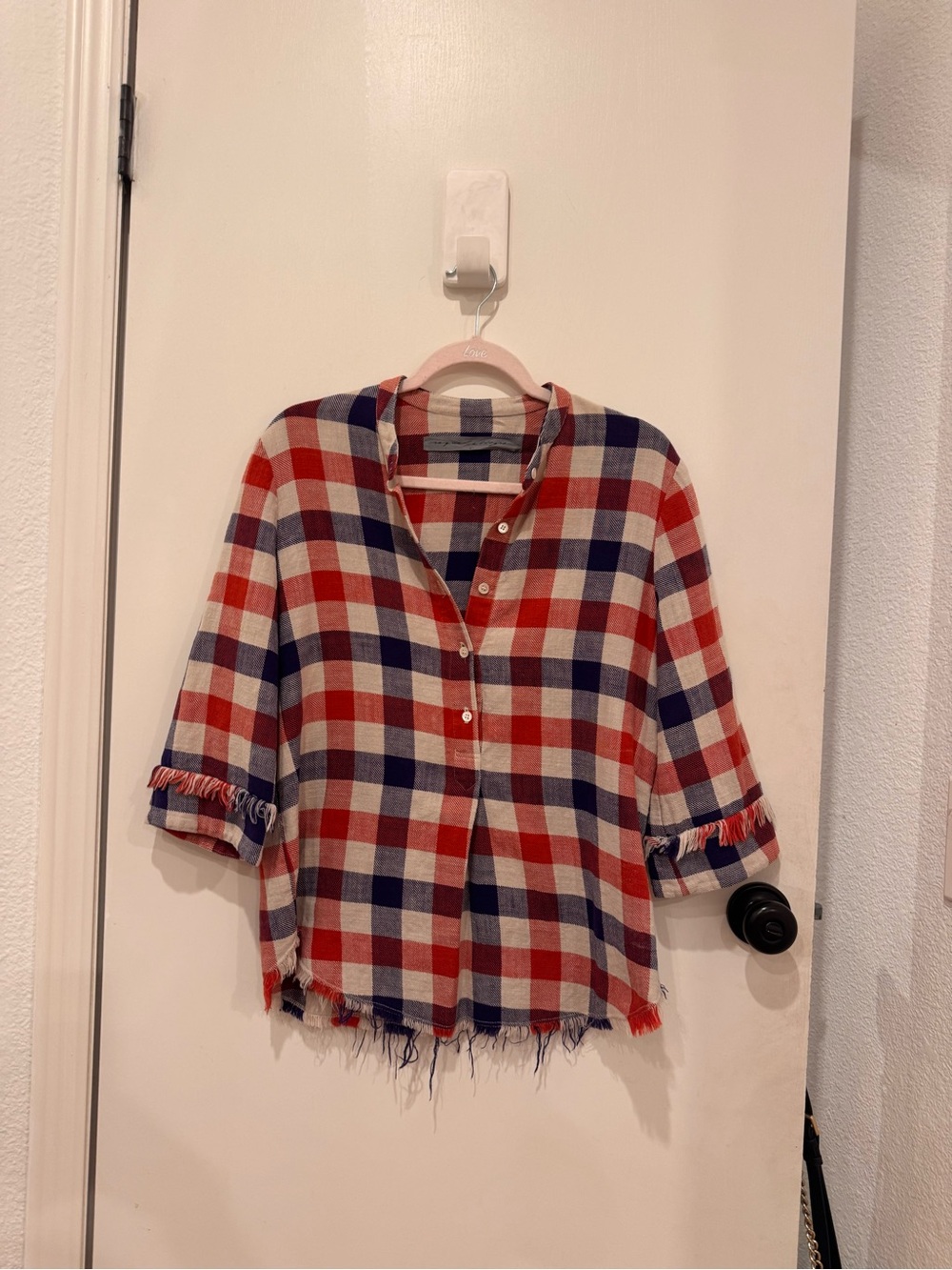 April Flynn Red White Blue Plaid Frayed Hem Popover Top Size 0
